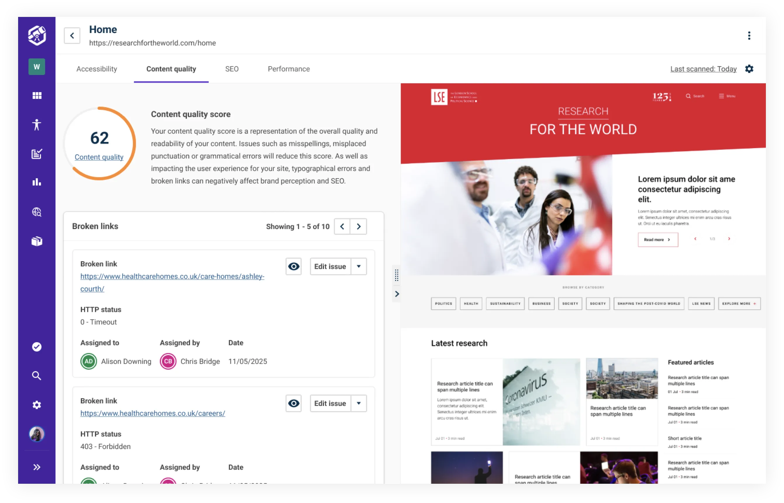 Assign content quality issues such as misspellings to your team to fix within Insytful.