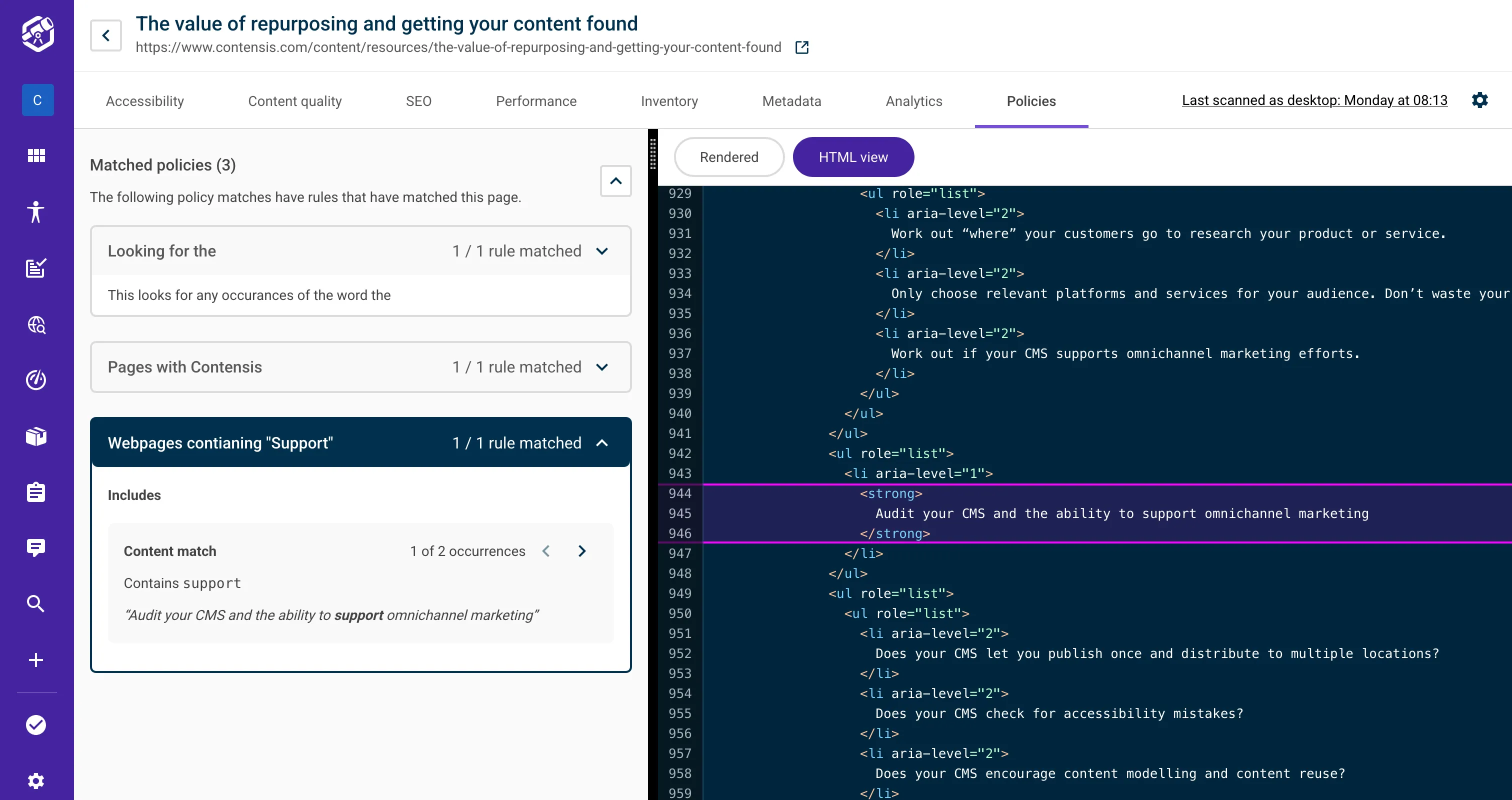 Screenshot highlights the matching policy content in the HTML code view.