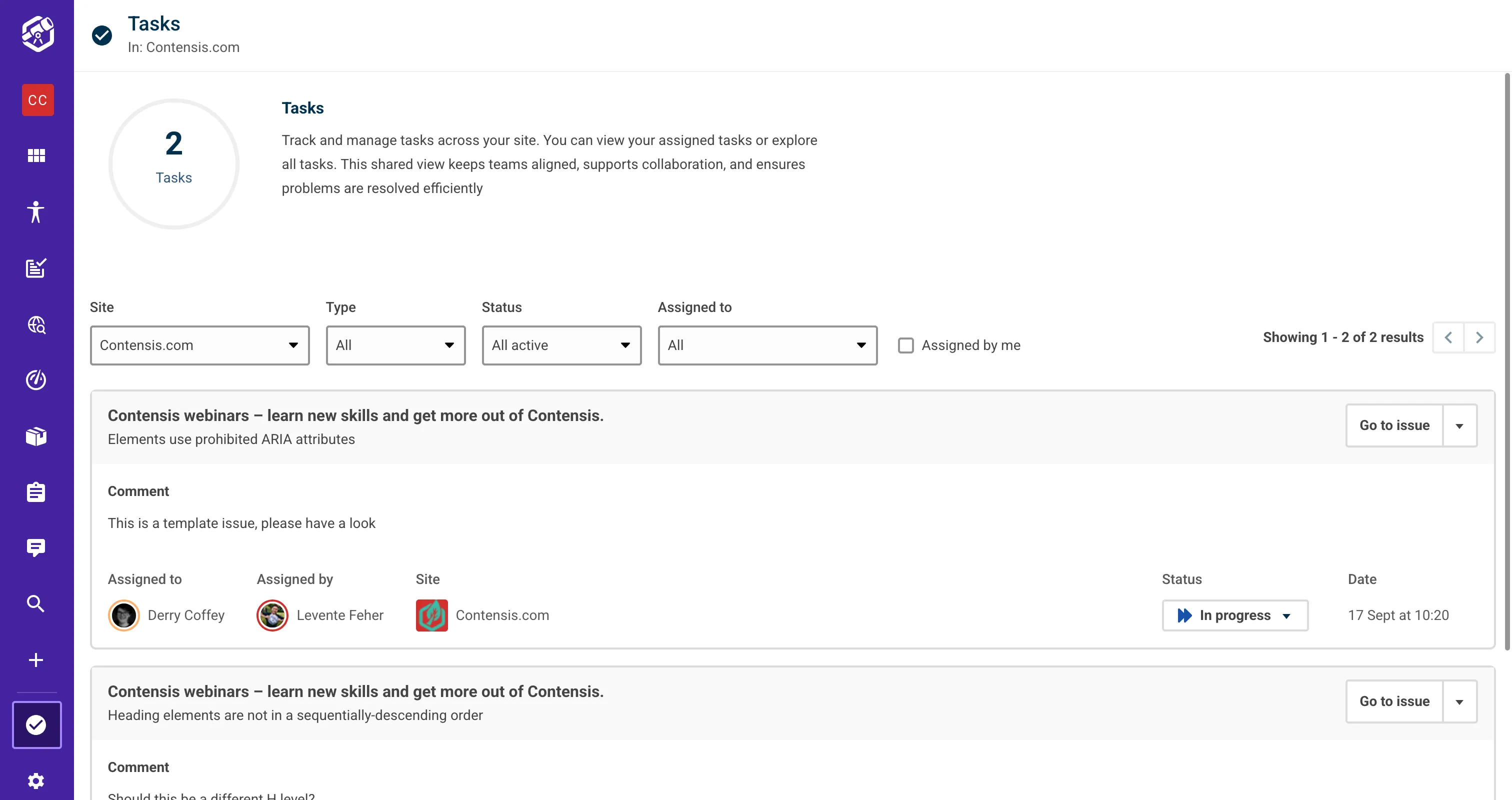Screenshot showing assiged issues for a site, who they were assigned to and who by.