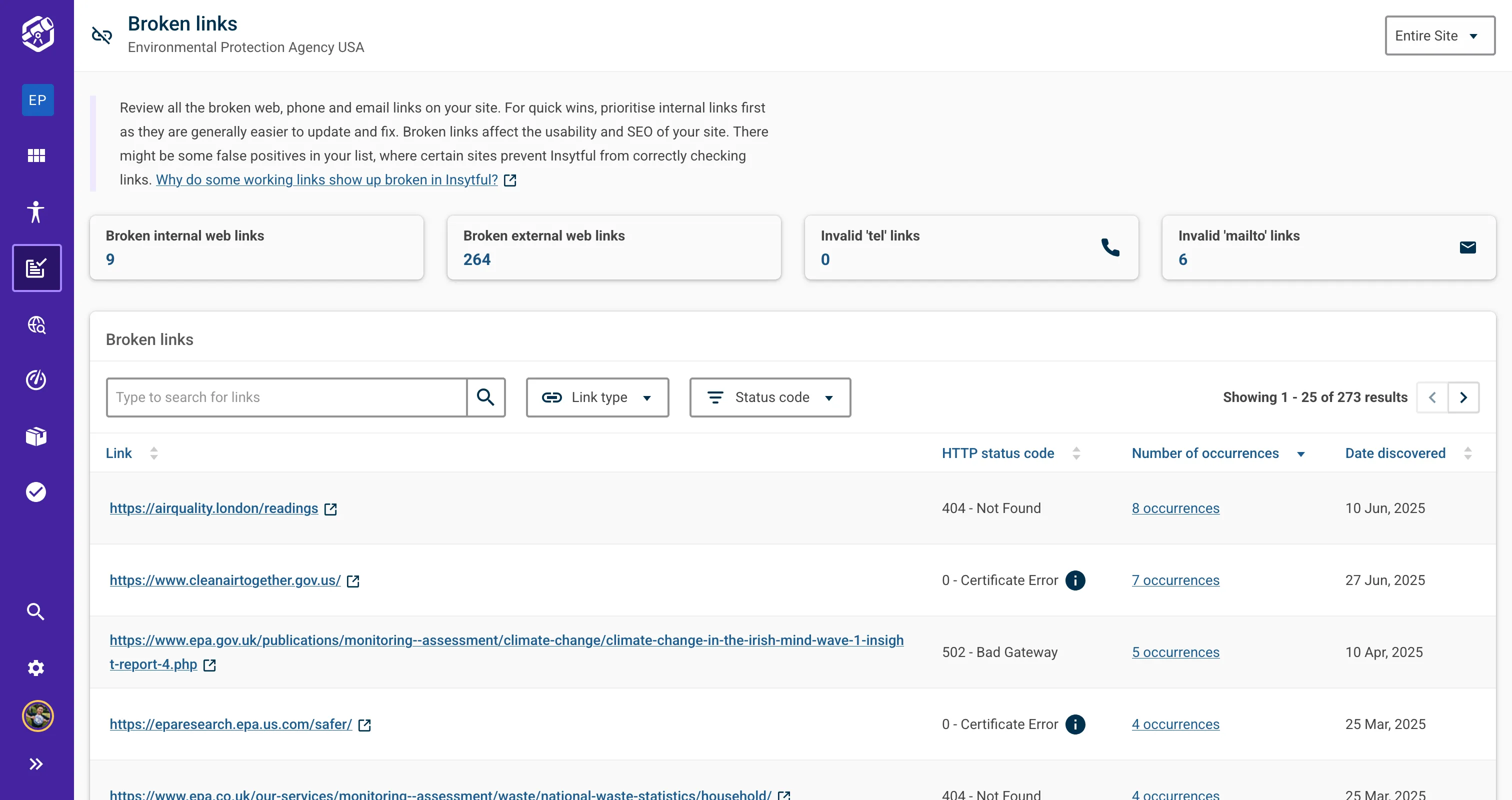The updated view for broken links supports new filters such as link types, and status codes with more filters coming in the future.