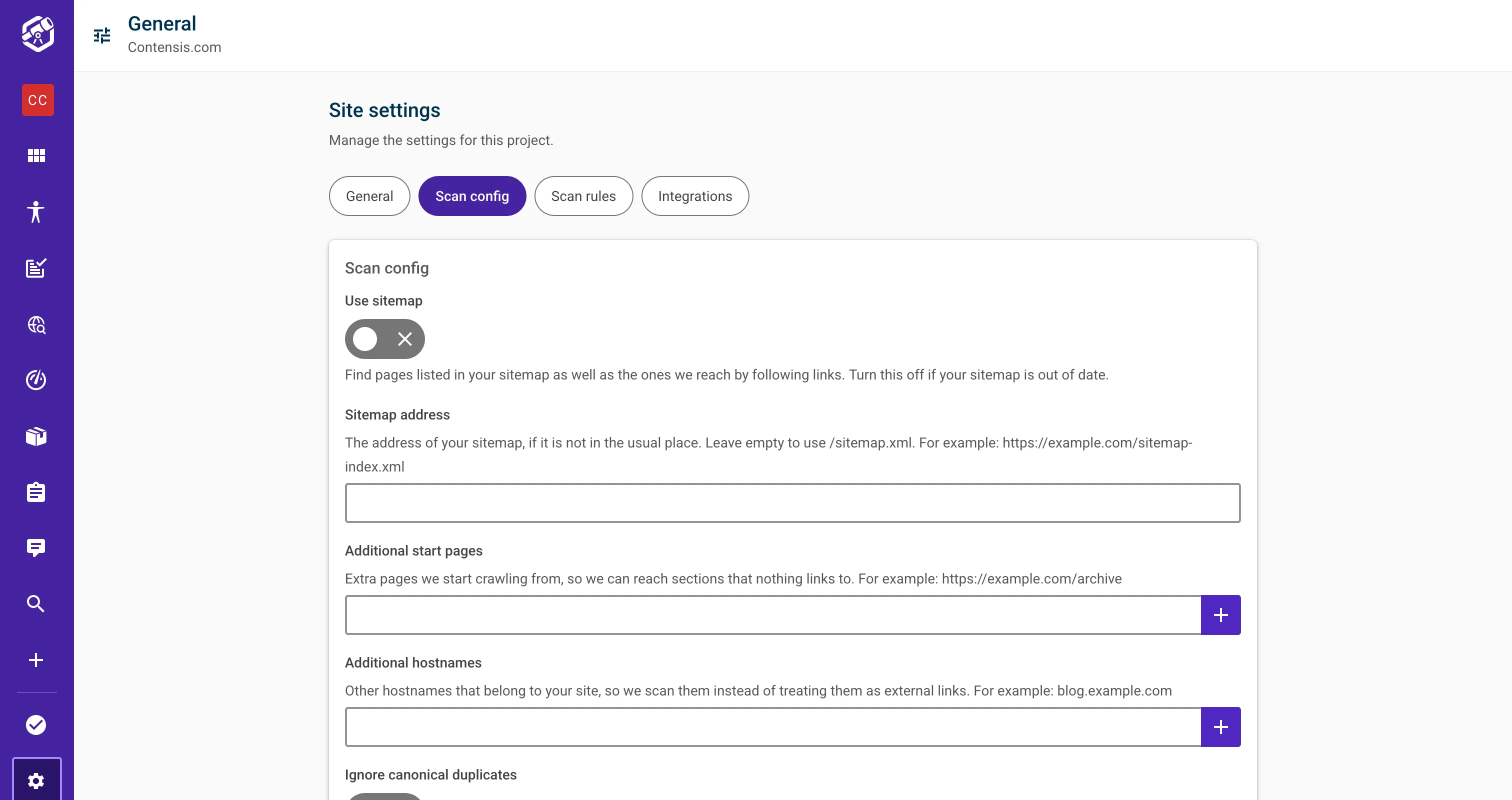Screenshot of the new site settings page with General, Scan config, Scan Rules, Integrations tab allowing further self service.