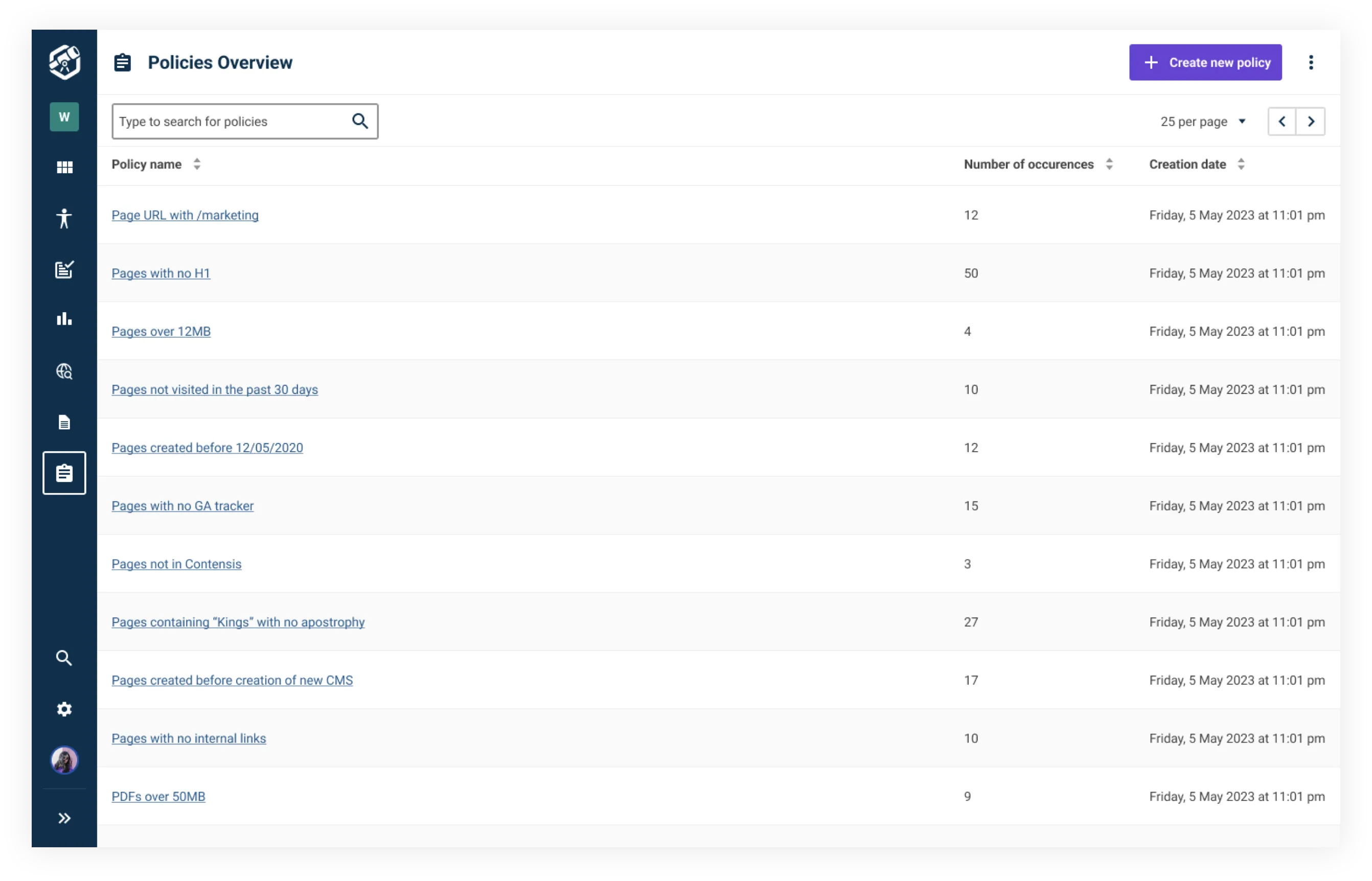 A proposed design of the policies overview page in Insytful. Here you can see all custom reports in Insytful, checking for information such as pages over 12MB and pages with no H1.