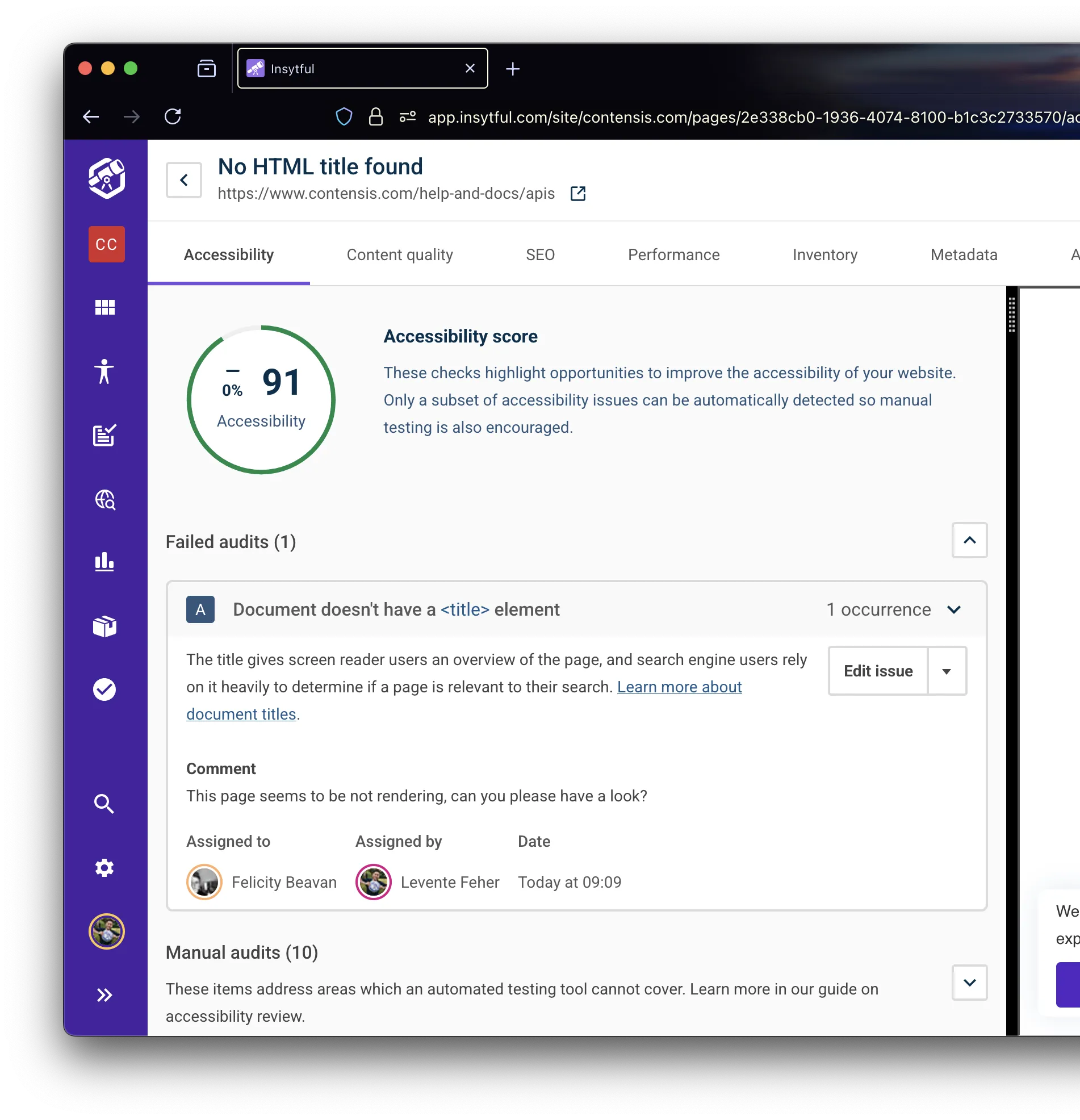 The UI in Insytful on the individual page allowing users to assign an issue and showing who the issue is assigned to and who by.