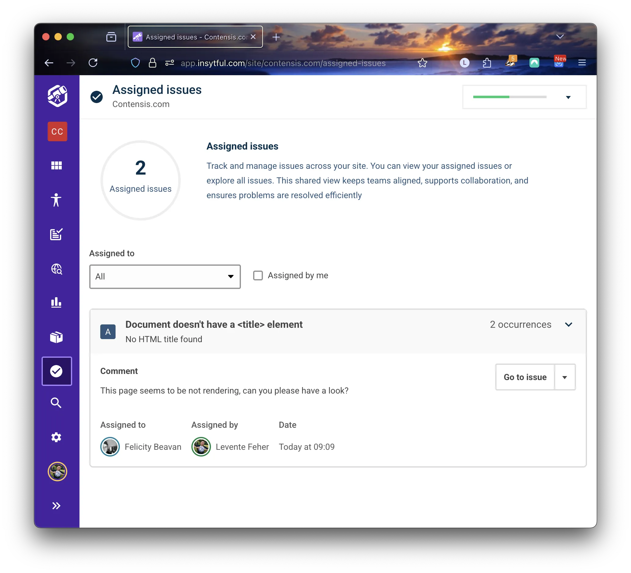 A screenshot showing all issues assigned at a page level in Insytful.