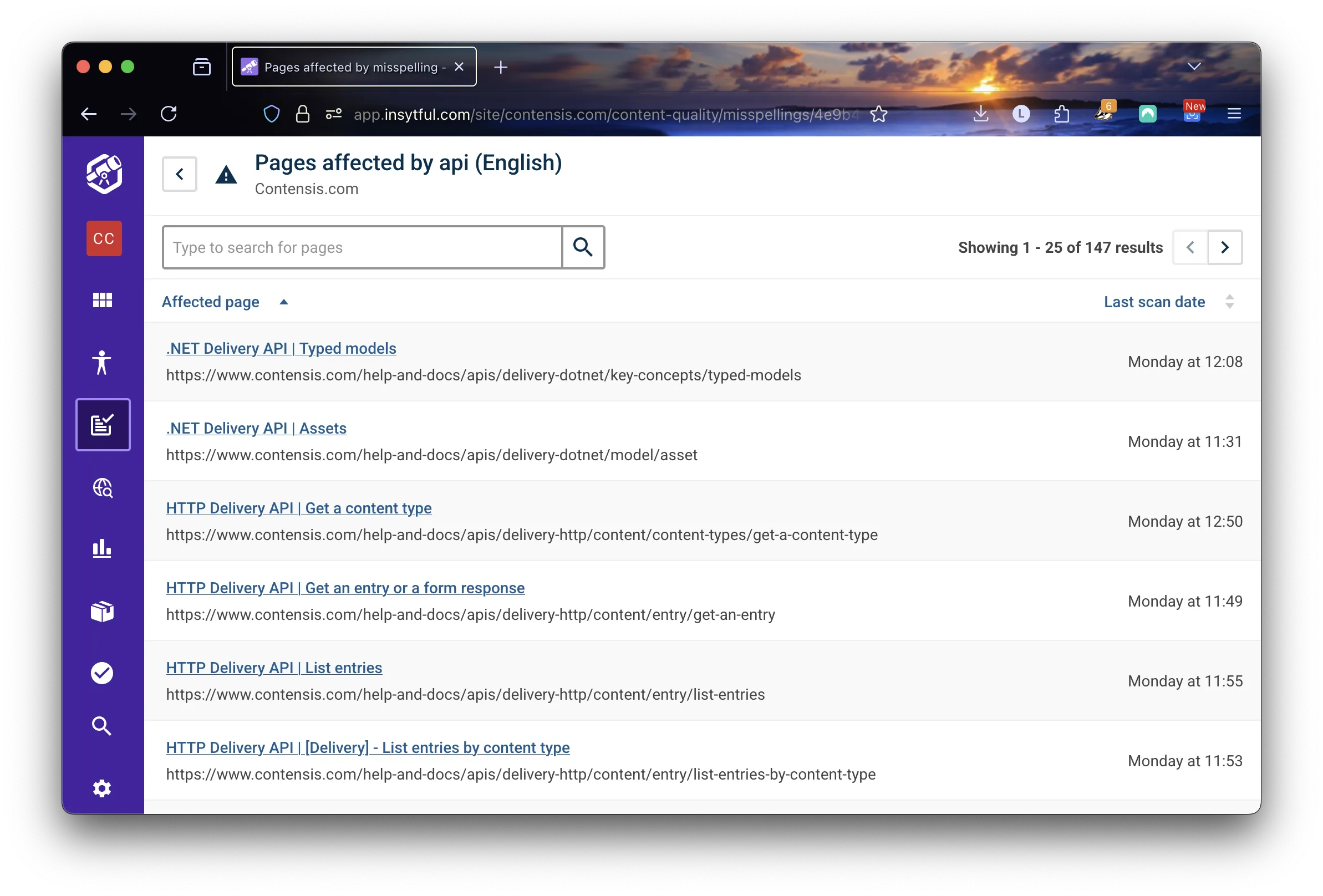 Screenshot of the current screen for a list page in Insytful.
