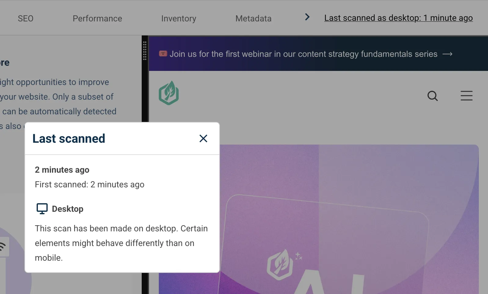 A screenshot of the last scan modal of a page explaining what device the page was scanned as.