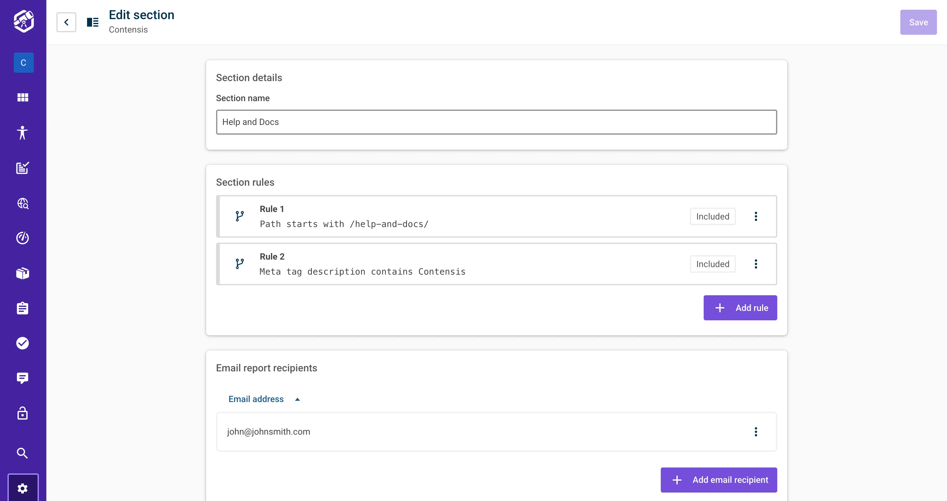 A screenshot of the sections setting screen where admins can edit the name, match conditions for content and add external email report recipients.