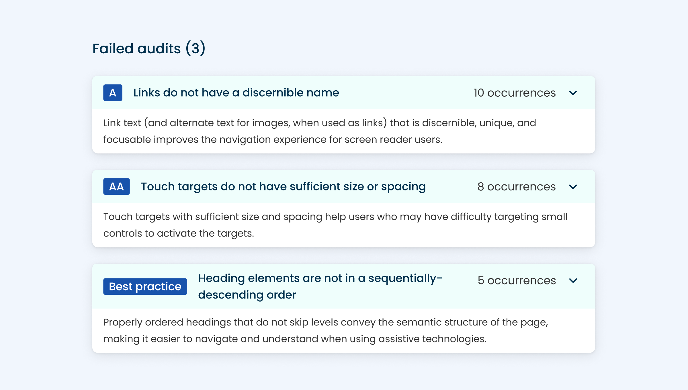 An example of some lighthouse accessibility audits, including a WCAG A, a WCAG AA and a WCAG Best Practice example