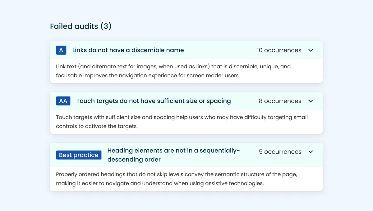 An example of some lighthouse accessibility audits, including a WCAG A, a WCAG AA and a WCAG Best Practice example
