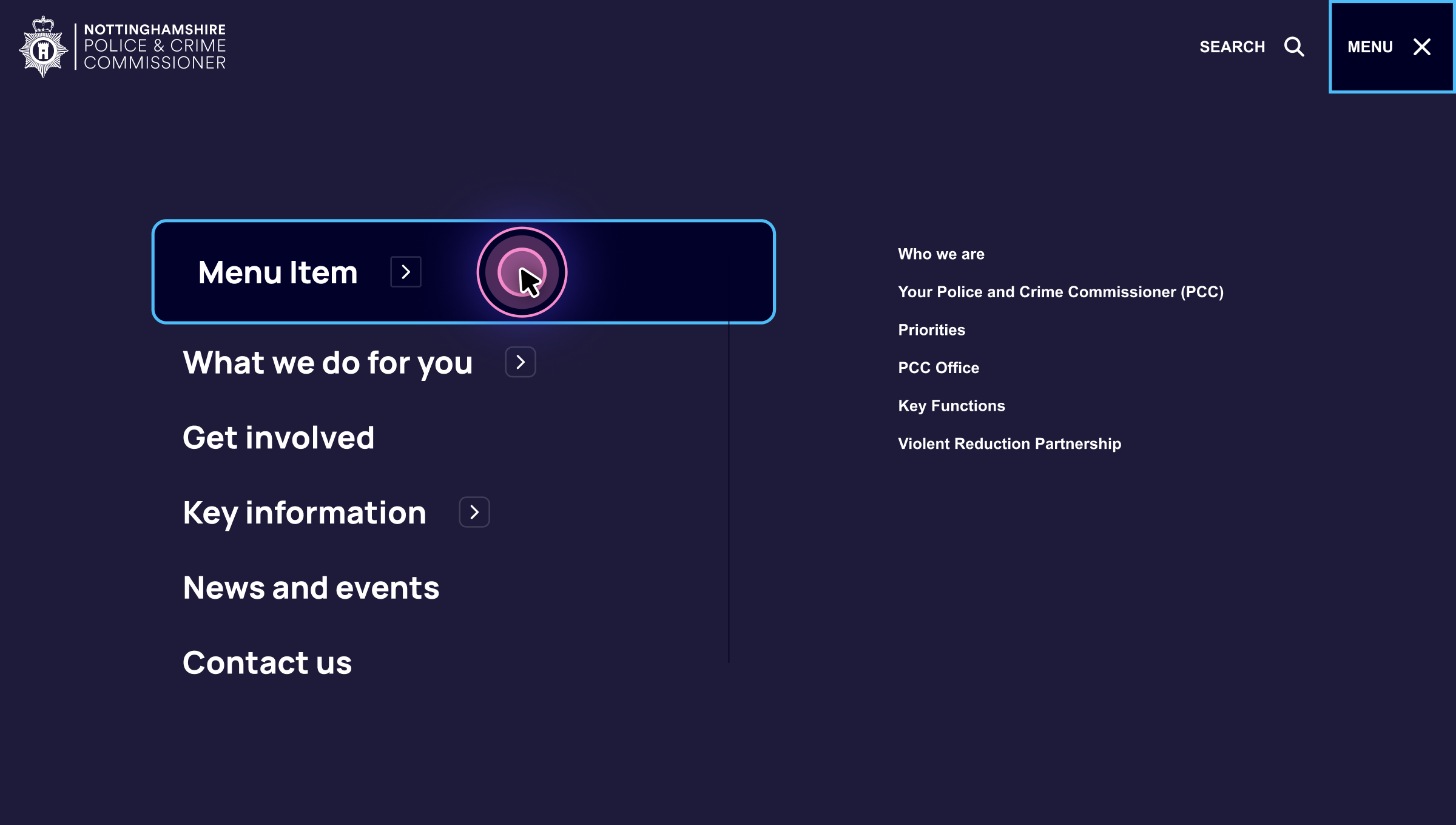A slide-in Desktop navigation from Nottingham Police & Crime Commisioner, a menu item has been tapped to open a sub menu