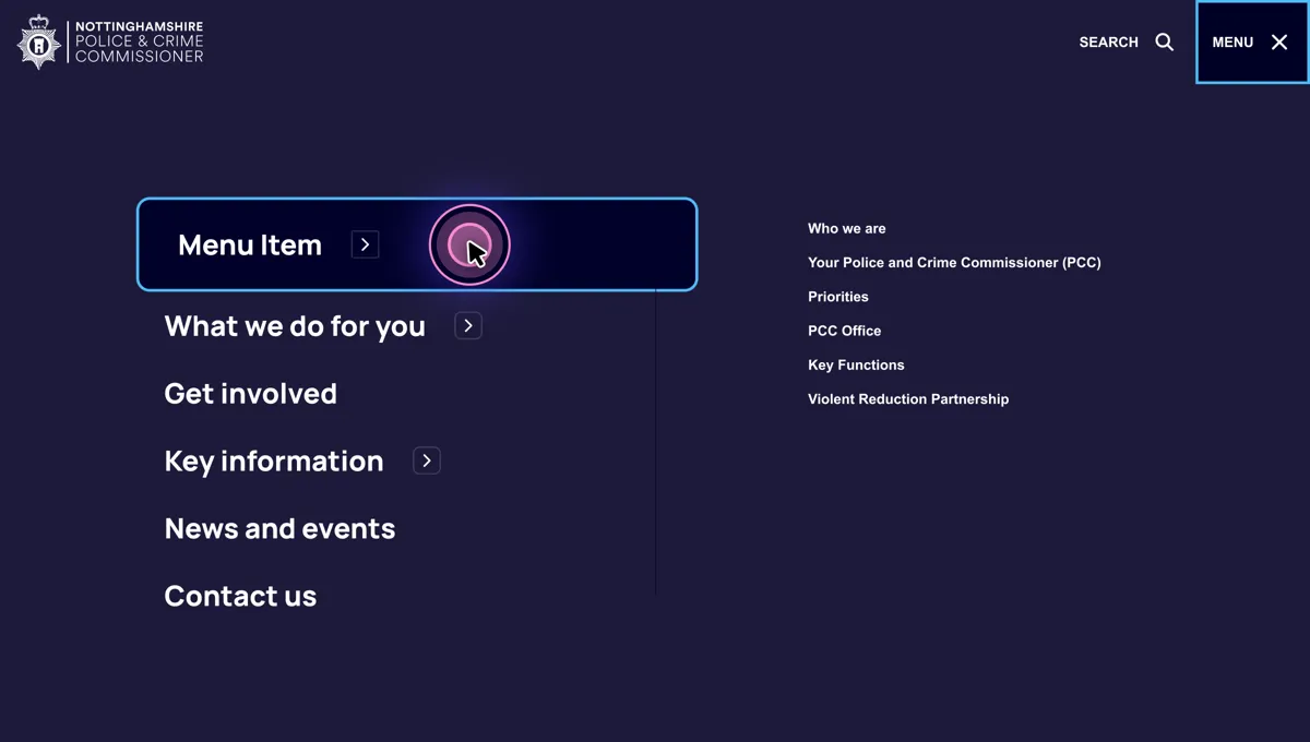 A slide-in Desktop navigation from Nottingham Police & Crime Commisioner, a menu item has been tapped to open a sub menu