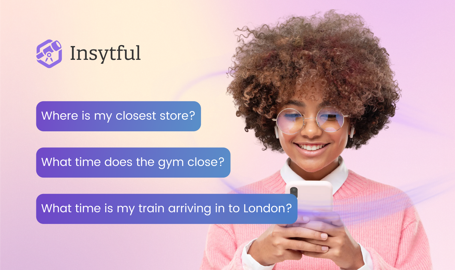 A lady is stood on her phone asking AI search questions such as where the closest store is and when the gym closes