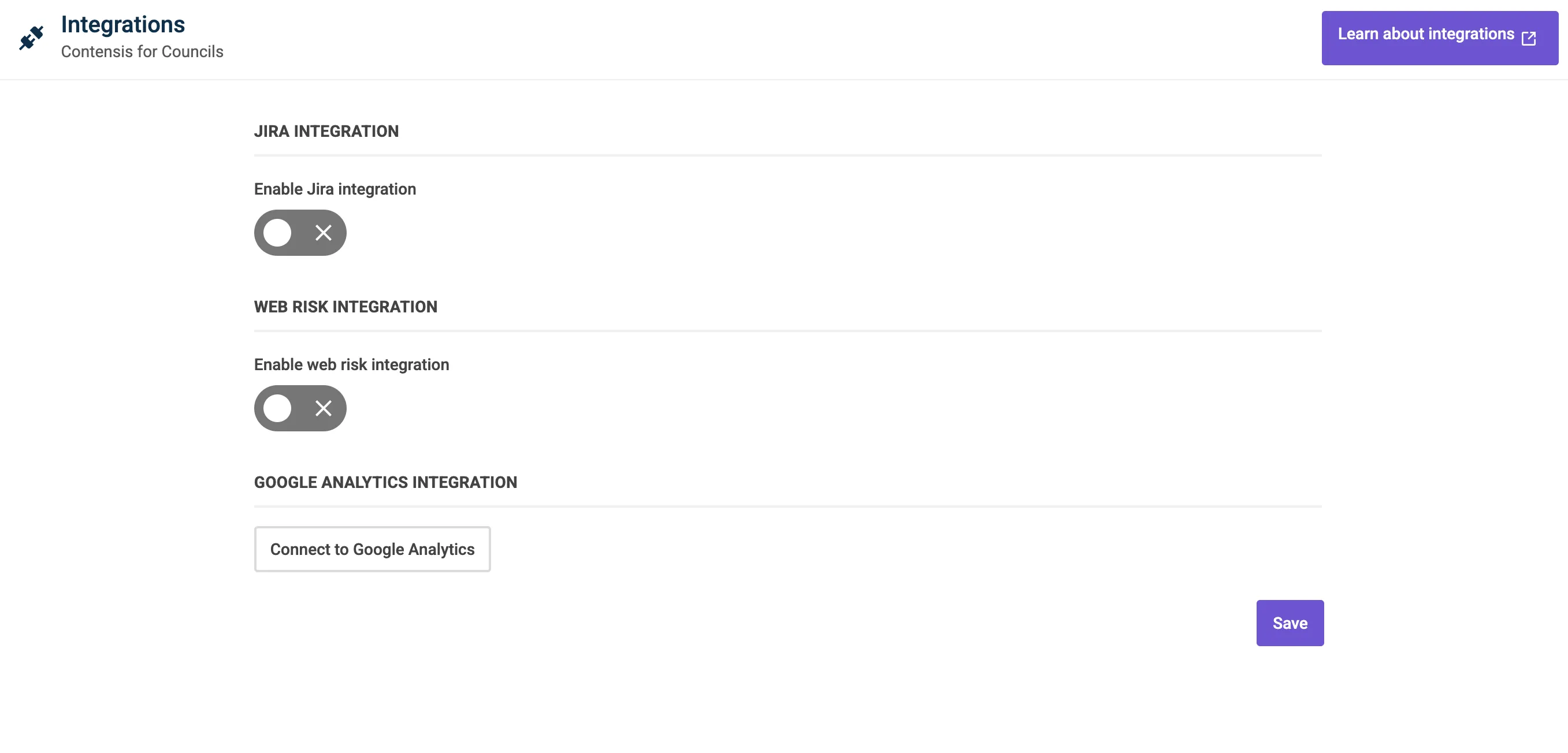The integrations view in Insytful. Available third party integrations include Jira, Google's Web Risk and Google Analytics.